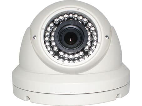 An image of the white KCE DI1245V dome body surveillance security camera. Fitted with the IR around the lens.