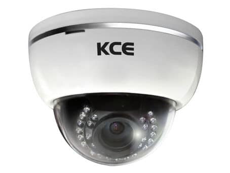 An image of the white KCE ND1230D dome body surveillance security camera. Fitted with the IR around the lens.